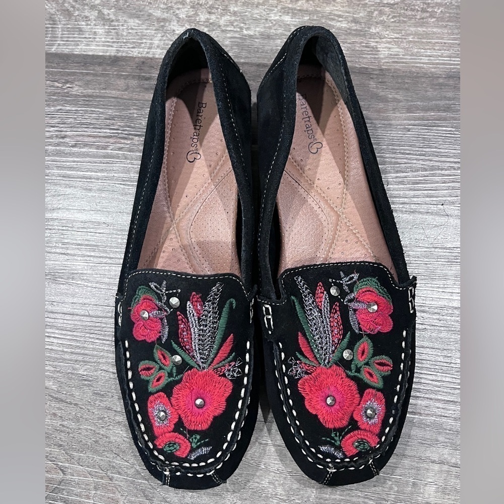FINAL PRICE Baretraps Otella Black Leather Suede Embroidered Women's Loafers
